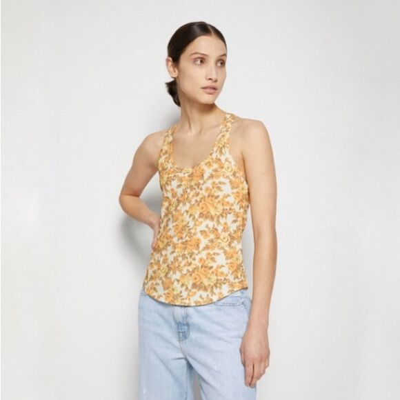 NWT JONATHAN SIMKHAI STANDARD Mary Organic Cotton Top 70s Floral Yellow Medium - Picture 1 of 9